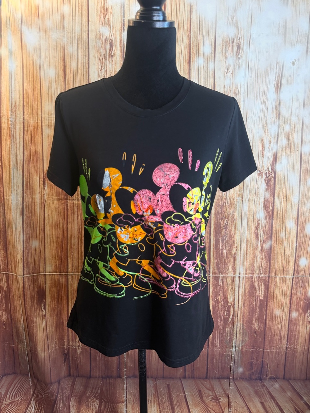 m.w Women’s Mickey Minnie Mouse Graphic Rhinestone Black T-Shirt Top Size M